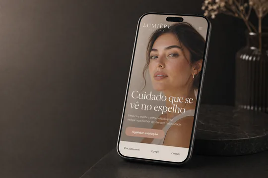 Telefone apoiado numa bancada escura mostrando o site de uma clínica estética fictícia: foto de rosto em plano fechado, o título “Cuidado que se vê no espelho” e um botão de agendar avaliação.