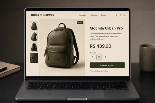 Notebook sobre uma mesa mostrando a página de produto de uma loja virtual fictícia: mochila de couro em destaque, quatro miniaturas ao lado, seletor de tamanho e um botão de comprar agora.