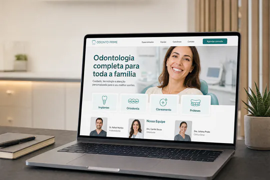 Notebook sobre uma mesa mostrando o site de uma clínica odontológica fictícia: menu de especialidades, foto de um sorriso, quatro atalhos de tratamento e três fichas de equipe.