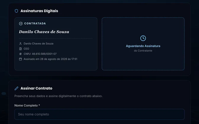 A página de assinatura do contrato aberta no navegador. Um cartão "Assinaturas Digitais" mostra a DanTech como contratada, já assinada, e ao lado um quadro pontilhado com "Aguardando Assinatura do Contratante". Abaixo começa o formulário "Assinar Contrato", com o campo de nome completo em branco.