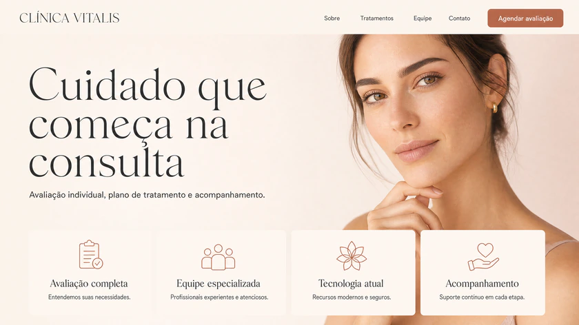 Tela do site novo da mesma clínica: navegação limpa com botão de agendar, título em tipografia elegante, fotografia editorial de rosto à direita e quatro cartões de atributo no pé.
